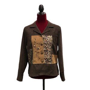 Notations Petite Brown Suede Floral Paisley Button-Up Jacket - Size PM